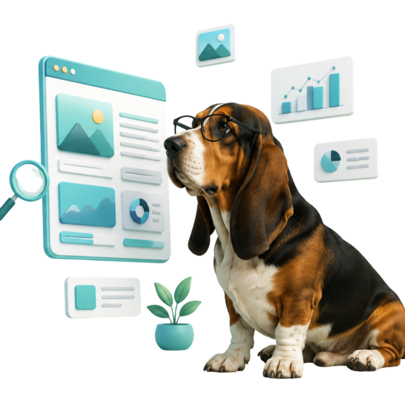 Basset hound con lentes, mascota de Visibles Lab