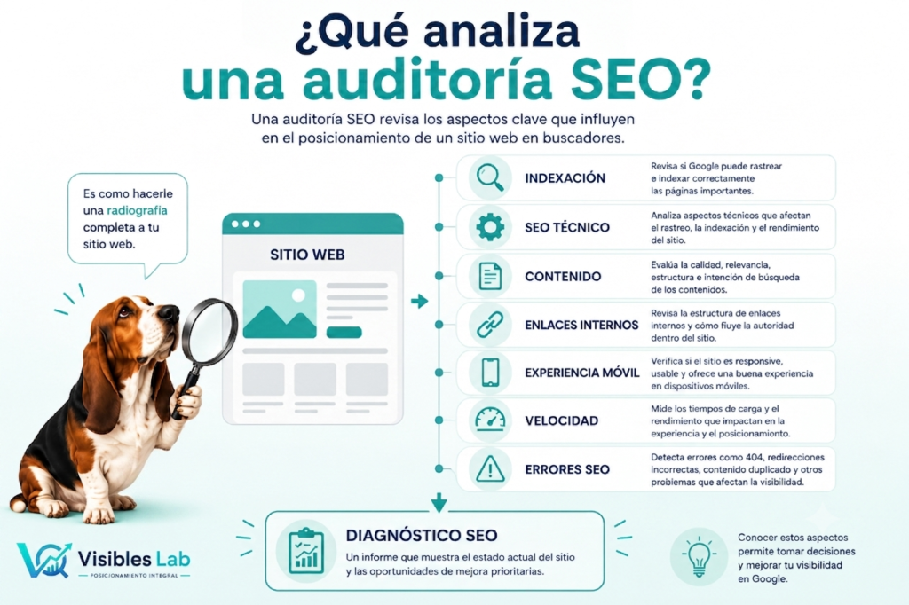 Infografía educativa que muestra qué analiza una auditoría SEO: indexación, SEO técnico, contenido, enlaces internos, experiencia móvil, velocidad y errores SEO.